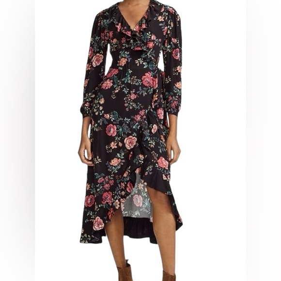 Maje Rosetina Crepe Floral Long Sleeve V-Neck Wrap Ruffle Dress - Picture 2 of 9